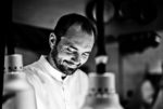 portrait of Christophe Aribert, 2-star chef, in black and white